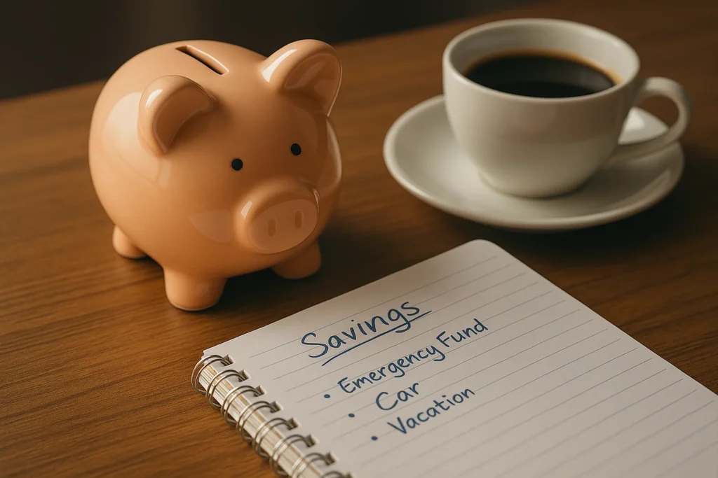 cofrinho_cafe_caderno_otimizada Pessoa organizando sua reserva de emergência com anotações financeiras.