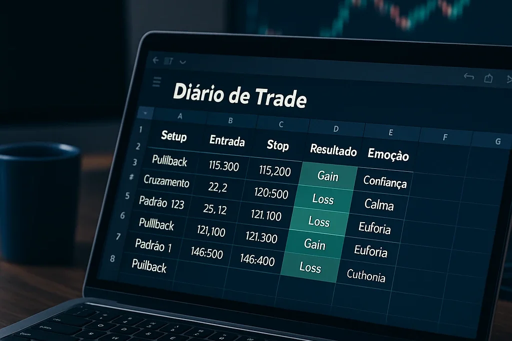 Notebook com planilha de diário digital de trading aberta, mostrando colunas de setup, entrada, stop, resultado e emoção em ambiente de trader realista, representando controle emocional e gestão de operações no day trade.