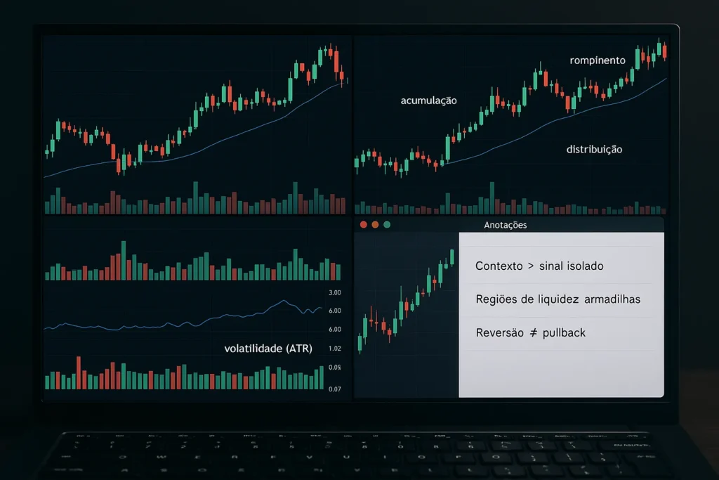 Tela de computador com múltiplos gráficos e janelas de trading exibindo volume, volatilidade e anotações de trade em ambiente técnico e profissional para um trader avançado