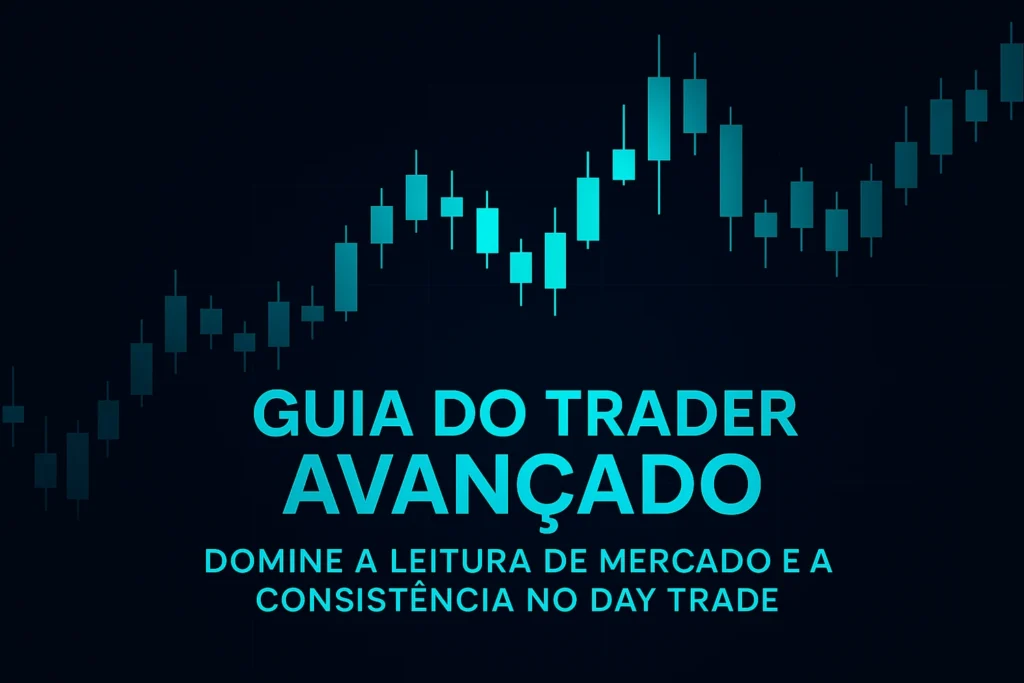 Capa digital do artigo “Guia do Trader Avançado — Domine o Mercado e Seja Consistente”, com velas verdes e azuis sobre fundo preto-azulado, estilo técnico e profissional da marca Gatilho de Entrada.