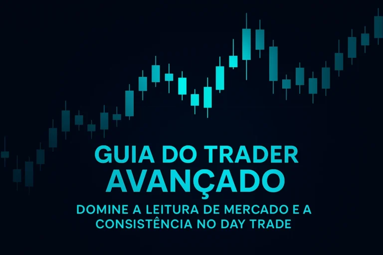 Capa digital do artigo “Guia do Trader Avançado — Domine o Mercado e Seja Consistente”, com velas verdes e azuis sobre fundo preto-azulado, estilo técnico e profissional da marca Gatilho de Entrada.