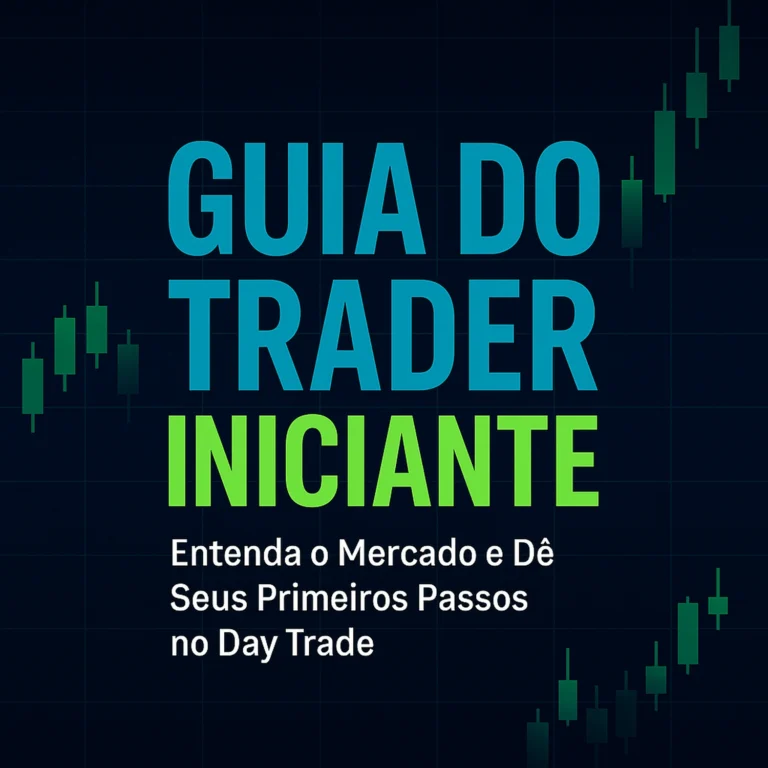 Guia do Trader Iniciante — imagem de capa com gráfico financeiro em fundo preto-azulado, velas verdes e azuis simbolizando o movimento do mercado, estilo moderno em azul petróleo e verde neon, destacando o aprendizado para traders iniciantes no day trade.