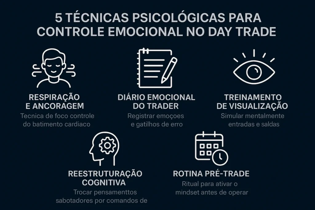 Infográfico com cinco técnicas psicológicas para controle emocional no Day Trade.