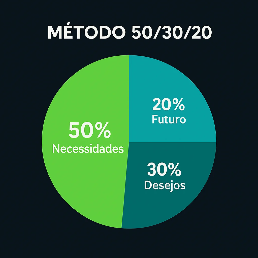 Como Montar um Orçamento Pessoal Eficaz do Zero | Gatilho de Entrada Gráfico visual do método 50/30/20 mostrando a divisão do orçamento pessoal: 50% para necessidades, 30% para desejos e 20% para o futuro.