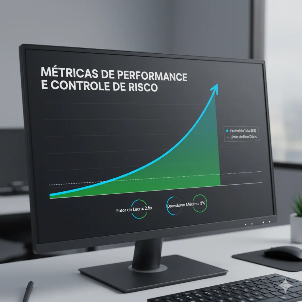 Gráfico de métricas de performance e controle de risco mostrando crescimento do patrimônio e limite de risco diário, simbolizando gestão de capital e consistência no day trade.