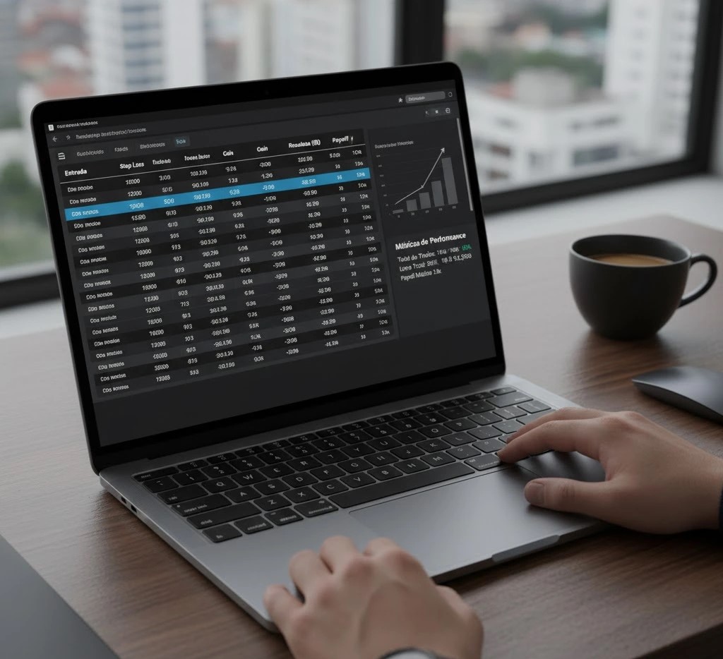 Backtesting de estratégias no day trade com planilha digital mostrando performance e métricas.