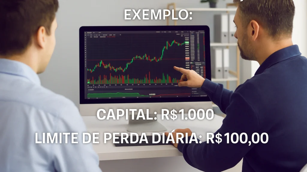 Duas pessoas em um escritório moderno analisando no computador o capital inicial do trader, com exemplos de dimensionamento de posição e limite de perda diária no day trade, em português correto, ambiente profissional com tons azul petróleo e verde neon, estilo visual do Gatilho de Entrada.