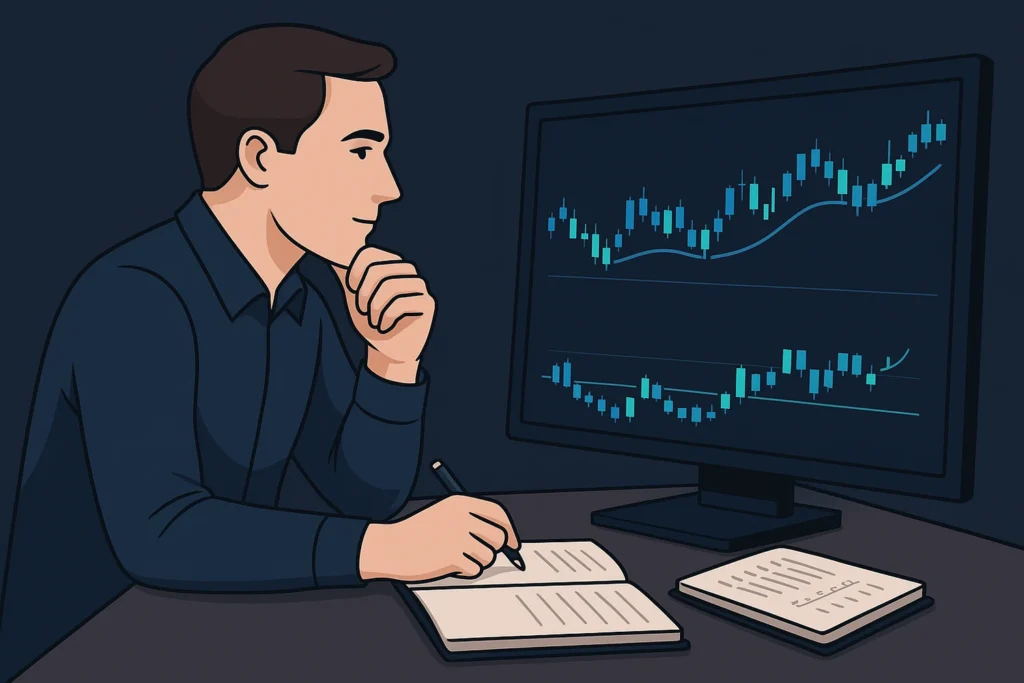 Trader avançado analisando resultados e ajustando plano de trade com mentalidade estratégica.