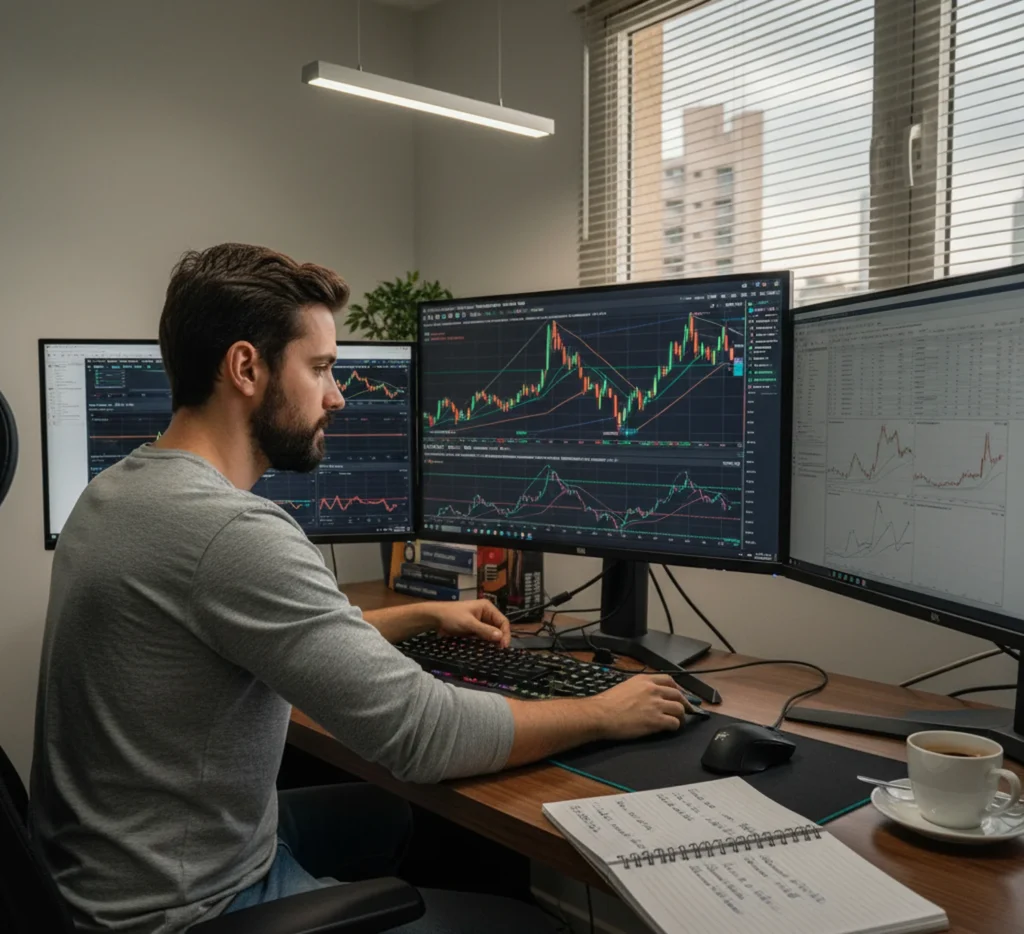 Foto realista de um trader avançado seu espaço antes do mercado abrir, com gráficos e anotações visíveis.