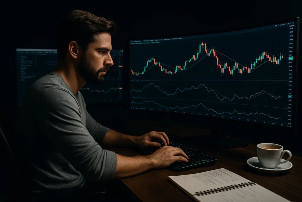 Trader profissional focado aplicando técnicas de controle emocional no Day Trade, diante de múltiplas telas com gráficos em fundo escuro