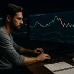 Trader profissional focado aplicando técnicas de controle emocional no Day Trade, diante de múltiplas telas com gráficos em fundo escuro