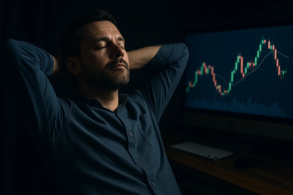 Trader relaxando antes da abertura do mercado em ambiente escuro com tela de gráfico ao fundo e iluminação azul petróleo, simbolizando controle emocional, foco e disciplina no day trade