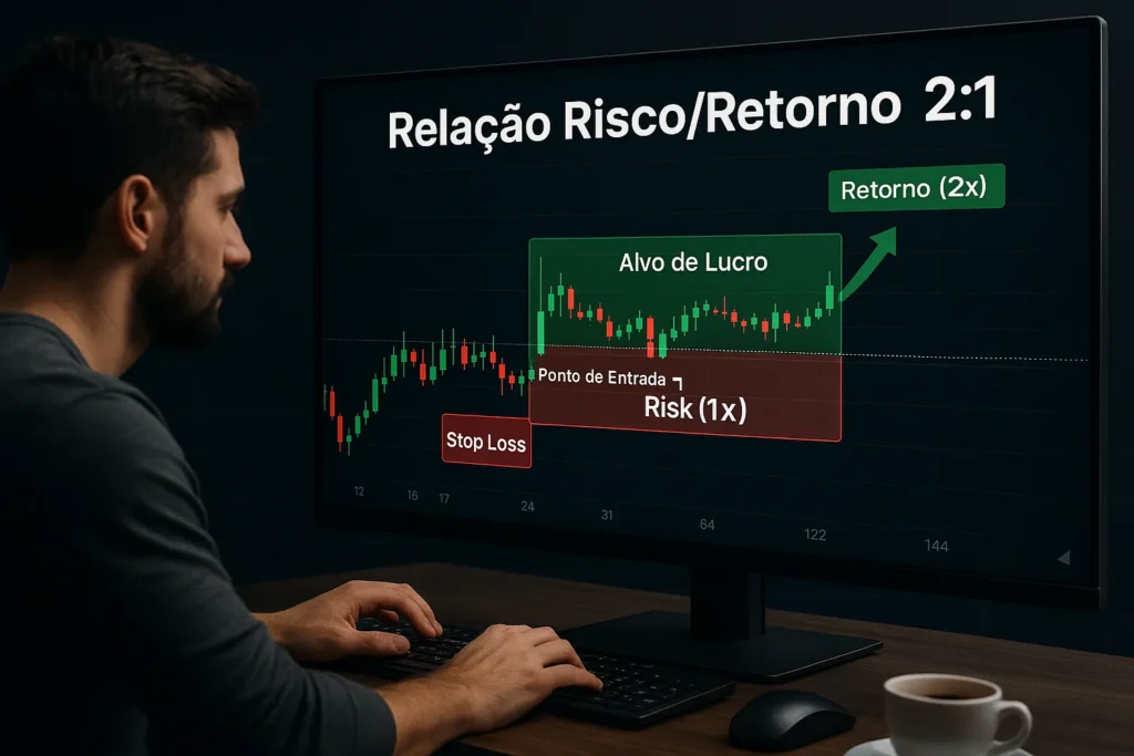Relação Risco/Retorno no Day Trade: Como Aplicar o R:R 2:1 e Lucrar de Forma Consistente | Gatilho de Entrada Gráfico de candles mostrando stop técnico abaixo do fundo e alvo 2x maior para ilustrar a Relação Risco/Retorno 2:1.