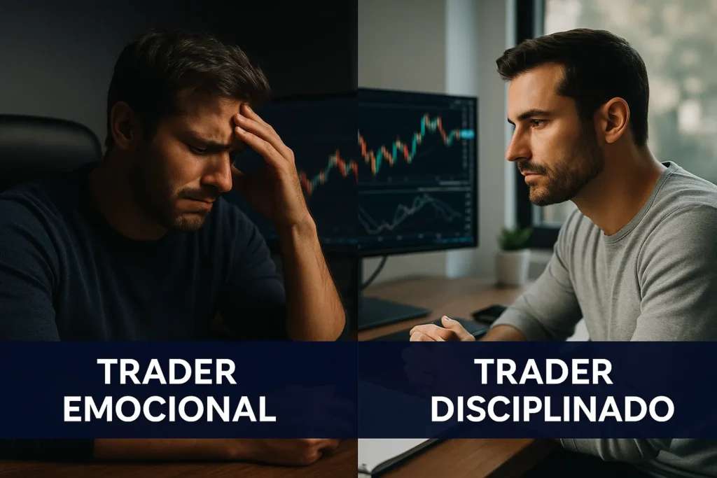 Comparativo visual mostrando diferença entre trader emocional e trader disciplinado durante o Day Trade.